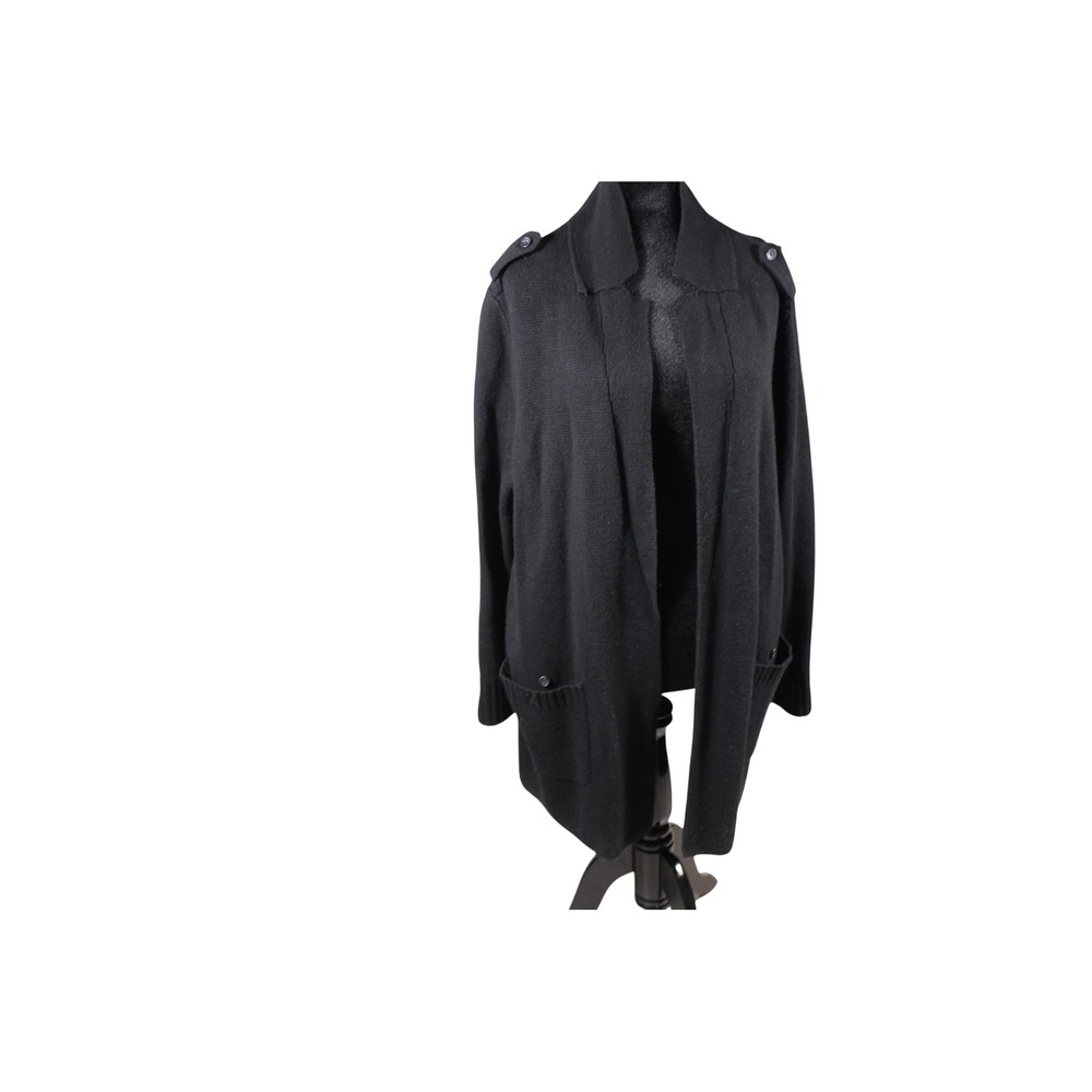 Talbots Plus Womens 3X Black Wool Blend Open Front Cardigan Epaulet Sweater